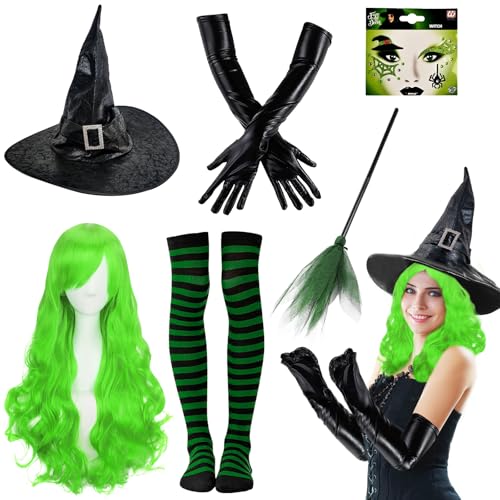 DOWNDRIFT 5 Stück halloween hexenkostüm damen Set 2025 halloween kostüm damen für Erwachsene, Perücke, hexenhut damen, Besen, Handschuhe, Strümpfe für Mädchen, Party, Cosplay, Zubehör DOWNDRIFT 5 Stück halloween hexenkostüm damen Set 2025 halloween kostüm damen für Erwachsene, Perücke, hexenhut damen, Besen, Handschuhe, Strümpfe für Mädchen, Party, Cosplay, Zubehör von DOWNDRIFT