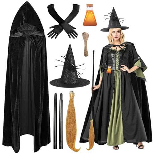 DOWNDRIFT Halloween Hexenkostüm Damen,Hexenumhang Damen mit Hexenhut,Halloween Schwarz Umhang mit Hexehandschuhe,Halloween Fasching Kostüme für Damen Frauen(170cm) von DOWNDRIFT