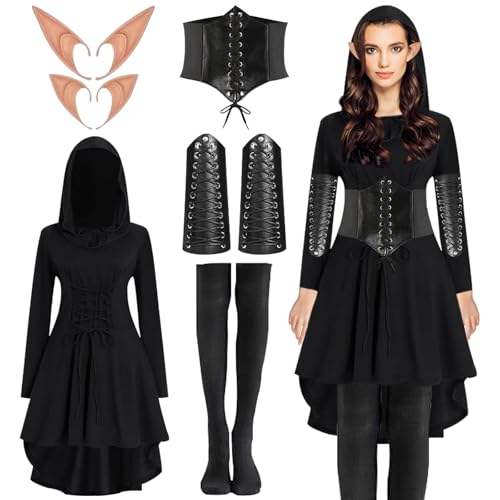 DOWNDRIFT Mittelalter Kleidung Damen,6 Stück Halloween Kostüm Damen,Kleid Dress Renaissance Elfen,Halloween Kostüm Elfen Cosplay mit Elfenohren,Mittelalter Kostüm Damen für Halloween,Karneval(L) von DOWNDRIFT