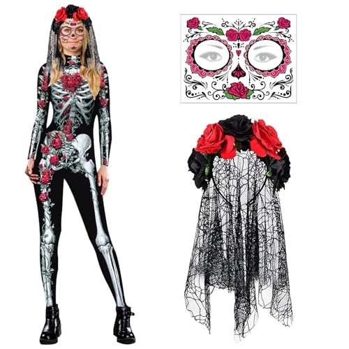 DOWNDRIFT Halloween Skelett Overall,Lady Skull Skelett Kostüm,Halloween Kostüm Damen Skelett Cosplay,Halloween Kostüm für Halloween, Weihnachten, Karneval oder Mottoparties von DOWNDRIFT