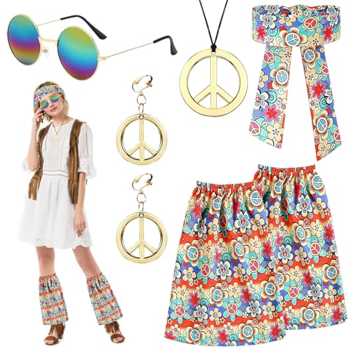 DOWNDRIFT Hippie Kostüm Damen,Hippie Accessoires 60er 70er Jahre,Hippie Kostüm Set für Karneval Cosplay Party von DOWNDRIFT