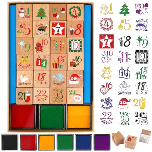 DPKOW 1-24 Stempel Adventskalender Zahlen aus Holz, Weihnachtskalender Stempel für Basteln mit Stempelkissen 6pcs, Deutsch Zahlen Stempel für Adventskalender Selber Machen DIY Adventskalender von DPKOW