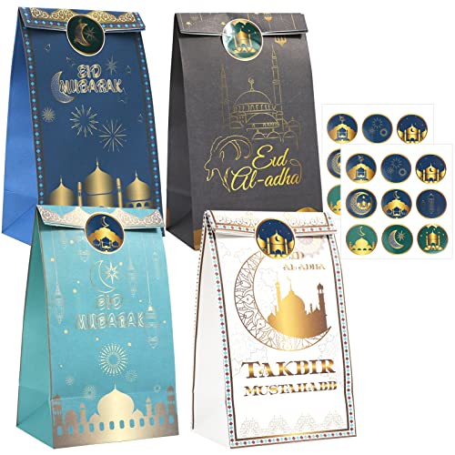 DPKOW 12 Stück Eid Mubarak Geschenktüten mit Aufkleber, Kraftpapier Muslim Ramadan Partytüten für Eid Geschenk Verpackung, Islamische Süßigkeiten Bonbons Tüten Eid al-Fitr Schokolade Behandeln Tüten von DPKOW