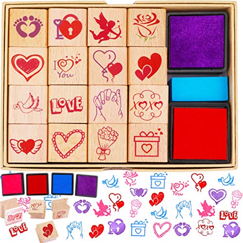 DPKOW 16 Valentinstag Stempel mit 4 Stempelkissen, Holz Herz Stempel für Kinder Basteln Geschenken zum Valentinstag DIY Karte Scrapbooking Valentinstag Beschäftigung Kinder Kleinkind von DPKOW