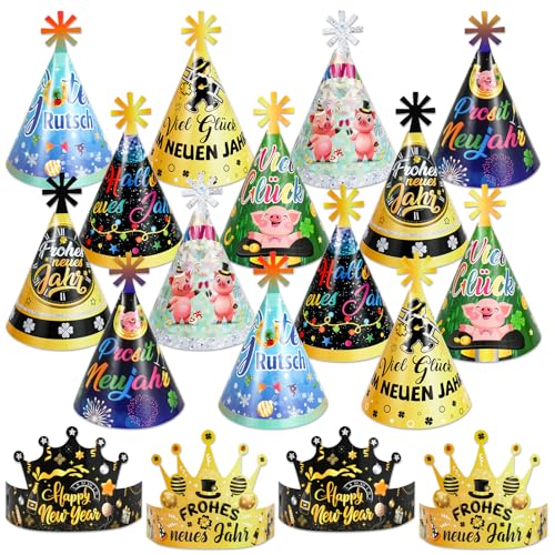 DPKOW 18Stk Glücksbringer Silvester Partyhüte, Deutsch Silvester Haarreif Papier Kronen Kegel Hüte Silvester Kopfschmuck für Neujahr Accessoires 2025 Silvester Zubehör Gadget von DPKOW