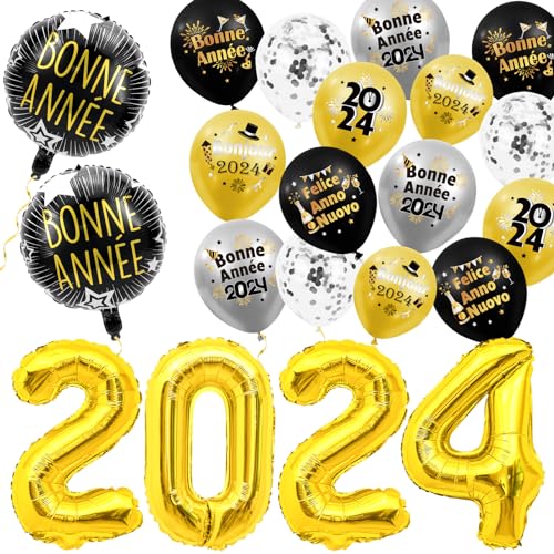 DPKOW 2024 Ballons de baudruche Pour la fête du Nouvel An, Ballons de baudruche Noirs, dorés et argentés Pour la décoration de la fête du Nouvel An 2024, 21pcs von DPKOW