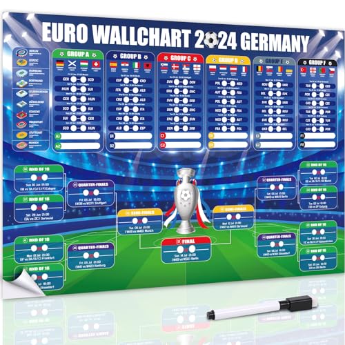 DPKOW 2024 Fussball EM Spielplan Poster Europameisterschaft Wandkarte, EM Deko 2024 Deutschland Fanartikel EM Planer 2024, 24 Mannschaften Gruppen Knockout Dekoration (A2, Faltverpackung), mit Stift von DPKOW