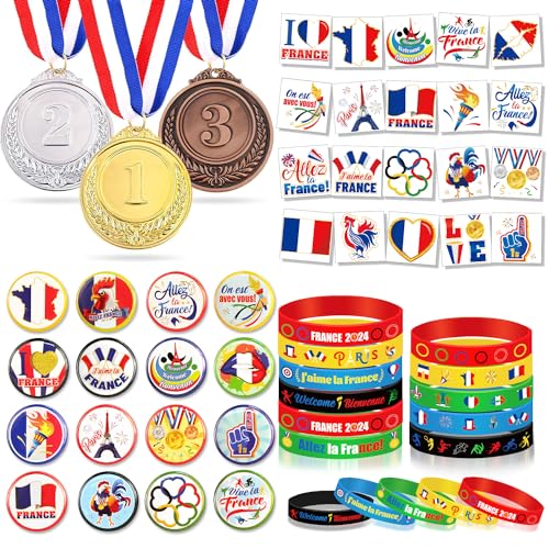 DPKOW 2024 International Sports Competition Zubehör Ringe Spiel Party Favours, 16pcs Pin Abzeichen, 20pcs Temporäre Tattoos, 15pcs Wristband Silikon Armbänder, 3pcs Medaillen von DPKOW