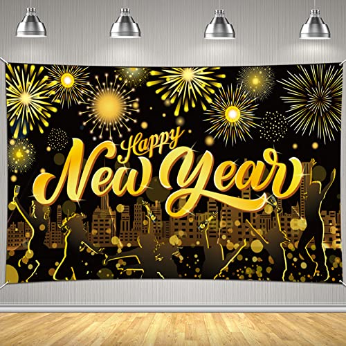 DPKOW 2025 Frohes Neues Jahr Banner Schwarz Gold, Großes Stoff Neujahrs Hintergrund Banner für 2025 Silvesterparty Dekoration, Frohes Neues Jahr Dekoration Champagner Feuerwerk Scheinwerfer, 185*110cm von DPKOW