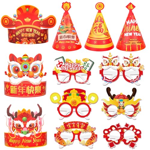 DPKOW 24 Stk Chinesische Partybrille Hüte 2025, Chinesische Neujahrs Party Papier Brillenhüte Happy Chinese New Year Decoration 2025 Chinesische Neujahrs Partygeschenke Chinesische Foto Requisiten von DPKOW