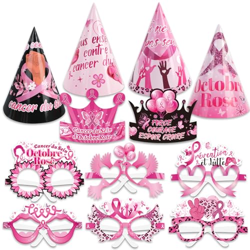 DPKOW 24pcs Français Octobre Rose Chapeaux Lunettes en Papier, Octobre Rose Couronne Cône Chapeaux Lunettes Pour Octobre Rose Ruban Accessoires Photobooth du Octobre Rose Gadget Déguisement von DPKOW