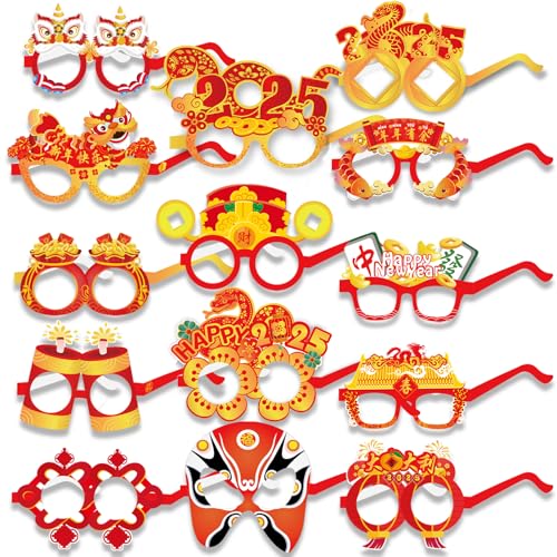 DPKOW 28 Stück 2025 Chinesische Neujahr Partybrille Papier, lustig Chinesische Frühlingsfest Foto Requisiten für Chinesisches Silvester Partybrille Maske Gastgeschenke Jahr der Schlange von DPKOW