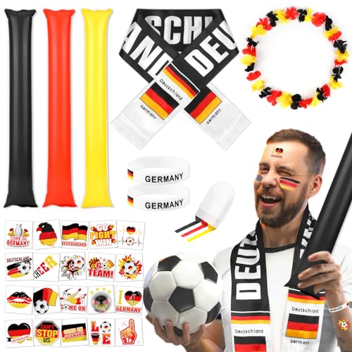 DPKOW 28 teiliges Europameisterschaft 2024 Partyzubehör für Fans der Deutschen Mannschaft, 1 Deutschland Schal + 20 deutsche Fußball Tattoos + 1 Gesichtsfarbe + 3 Donnerstäbe + 2 Armbänder + 1 Lei von DPKOW