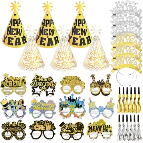 DPKOW 36 Stk Glitzer 2025 Silvester Accessoires, Haarreif Silvester Partyhüte Brillen Silvester Partytröten Kopfschmuck für Neujahr 2025 Silvester Party Zubehör Gadget Silber Gold Schwarz Weiß von DPKOW