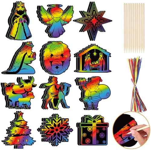 DPKOW 36 x Krippe Weihnachten Kratzbilder für Kinder Scratch Painting, Weihnachtskrippe Kratzpapier Regenbogen für Kinder Basteln Krippe Weihnachten Deko Geschenk, Jesus Engel Heilige Schneeflocke von DPKOW