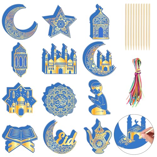 DPKOW 36 STK Eid Kratzbilder für Kinder Erwachsene, Blau Goldenes Eid Kratzpapier Mondlaterne Moschee Eid Deko Ramadan Eid Geschenke für Kinder, islamische Geschenke Ramadan Kratzbilder von DPKOW