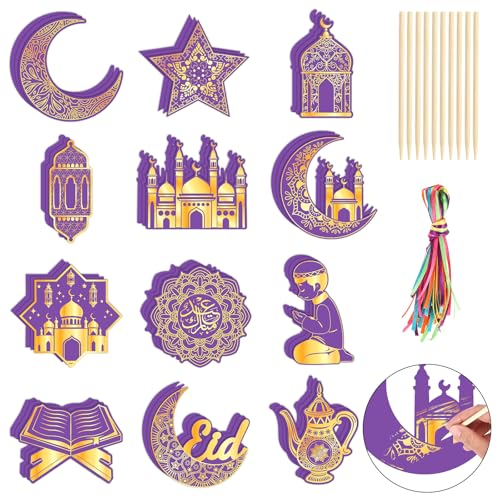 DPKOW 36pcs Eid Scratch Art für Kinder, lila Gold Scratch Papier Ramadan Eid Geschenke für Kinder von DPKOW