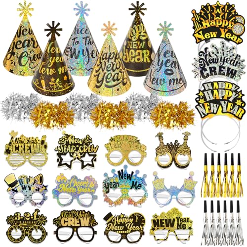 DPKOW 42 STK Glitzer 2025 Silvester Accessoires, Laser Haarreif Silvester Partyhüte Brillen Silvester Armband Partytröten für Neujahr 2025 Silvester Party Zubehör Gadget Glitzer Schwarz Gold Silber von DPKOW