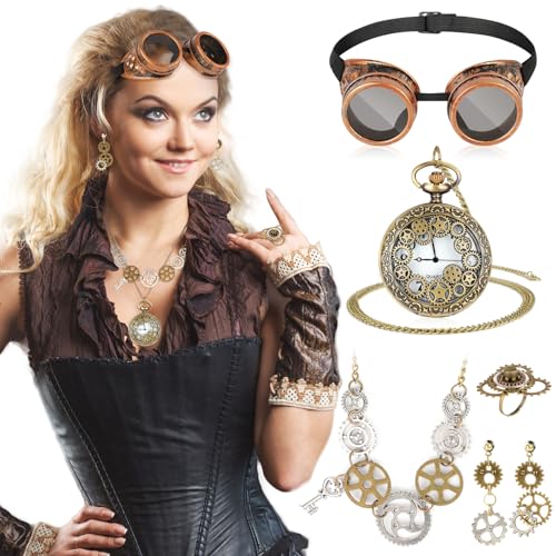 DPKOW 6 Stk Steampunk Accessoires, Steampunk Brille Taschenuhr mit Kette Steampunk Zahnräder Halskette Ohrringe Ring Damen Steampunk Schmuck für Mädchen Damen Steampunk Kostüm Accessoires 20er Jahre von DPKOW