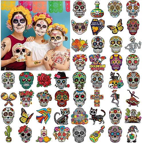 DPKOW 96 STK Totenkopf Temporäre Tattoos Halloween Dia De Los Muertos Klebetattoos Tag der Toten Mexikanische Festival Tattoo Aufkleber Schädel Temporären Halloween Costume Party Supplies von DPKOW