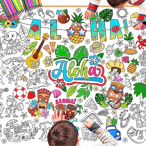 DPKOW Aloha Hawaii Ausmal Tischdecke für Kinder mit Stiften, 47 x 33 Zoll Riese Papier Hawaiian Bemalbare Tischdecke für Kinder Basteln Sommer Tropische Ausmalen Poster Tiki Luau Geburtstag Geschenk von DPKOW