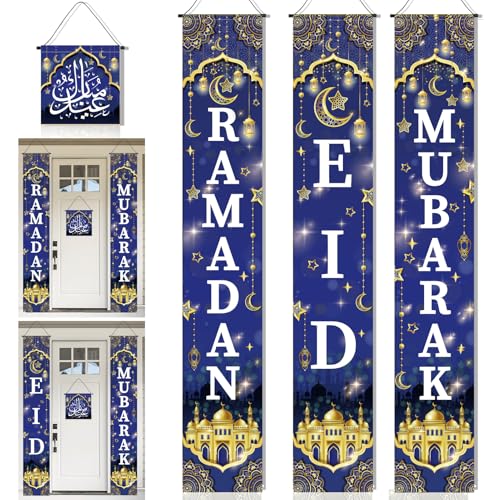 DPKOW Blau Ramadan Mubarak Banner Eid Mubarak Dekorationen Ramadan Mubarak Tür Couplets Eid Mubarak Banner islamischen Muslim, 4pcs von DPKOW