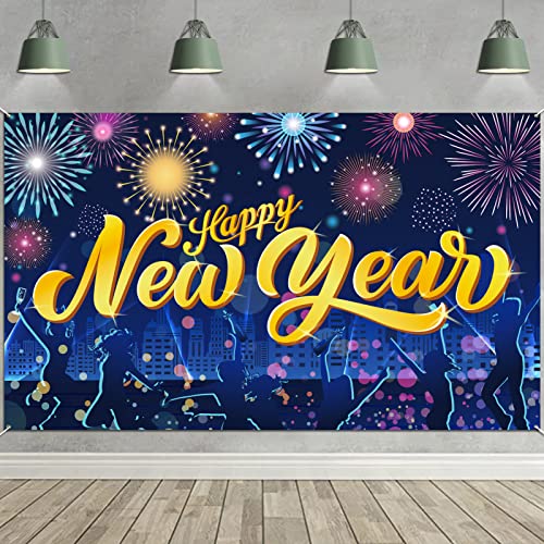 DPKOW Buntes Feuerwerk Happy New Year Banner für 2025 Silvester Dekoration, Silvester Hintergrund Banner für 2025 Neujahr Party Dekoration für Innen Außen, Frohes Neues Jahr Banner, 185 * 110cm von DPKOW