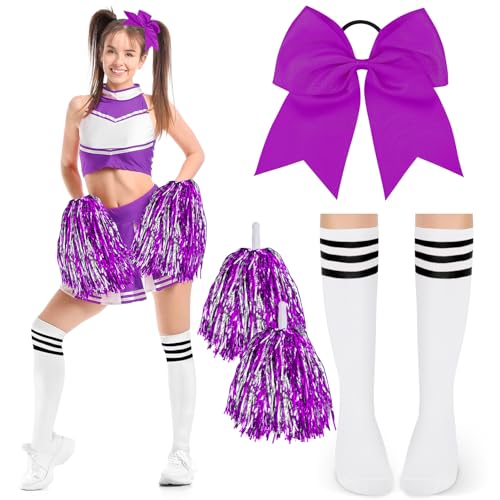 DPKOW Damen Cheerleader Kostüm Zubehör, Mädchen Cheerleader Kostüm Karneval Damen Mädchen Football Kostüm Zubehör Cheerleader Pompons lila Schleifen Haargummis Strümpfe Damen Mädchen Halloween Zubehör von DPKOW