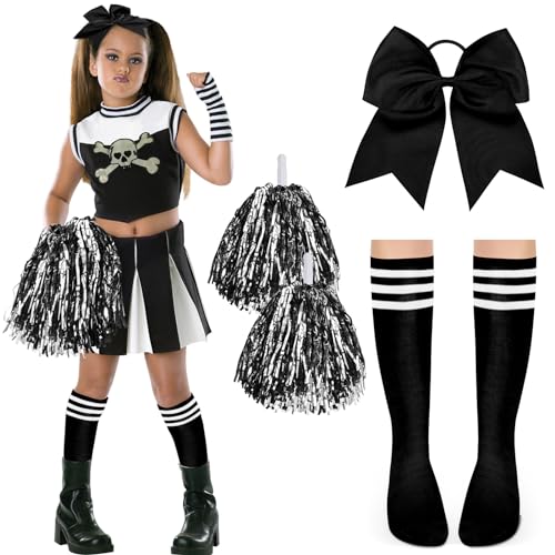 DPKOW Damen Cheerleader Kostüm Zubehör, Mädchen Cheerleader Kostüm Karneval Damen Mädchen Football Kostüm Zubehör Cheerleader Pompons Schwarz Schleifen Haargummis Strümpfe Damen Halloween Zubehör von DPKOW