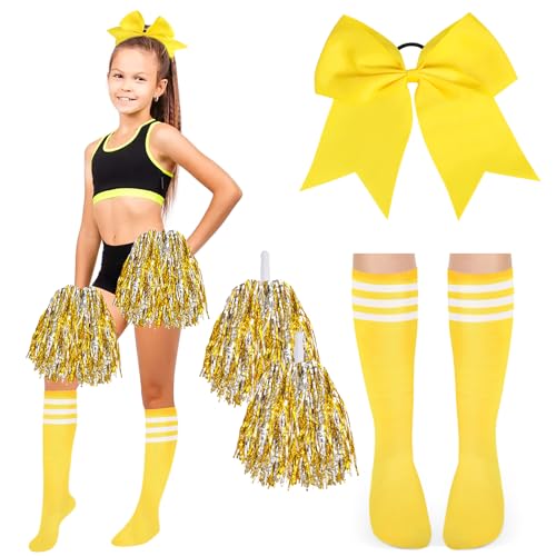 DPKOW Damen Cheerleader Kostüm Zubehör, Mädchen Cheerleader Kostüm Karneval Damen Mädchen Football Kostüm Zubehör Cheerleader Pompons Gelb Schleifen Haargummis Strümpfe Damen Mädchen Halloween Zubehör von DPKOW