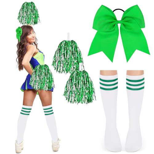 DPKOW Damen Cheerleader Kostüm Zubehör, Mädchen Cheerleader Kostüm Karneval Damen Mädchen Football Kostüm Zubehör Cheerleader Pompons Grün Schleifen Haargummis Strümpfe Damen Mädchen Halloween Zubehör von DPKOW