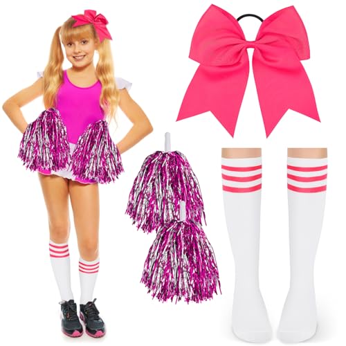 DPKOW Damen Cheerleader Kostüm Zubehör, Mädchen Cheerleader Kostüm Karneval Damen Mädchen Football Kostüm Zubehör Cheerleader Pompons Rosa Schleifen Haargummis Strümpfe Damen Mädchen Halloween Zubehör von DPKOW