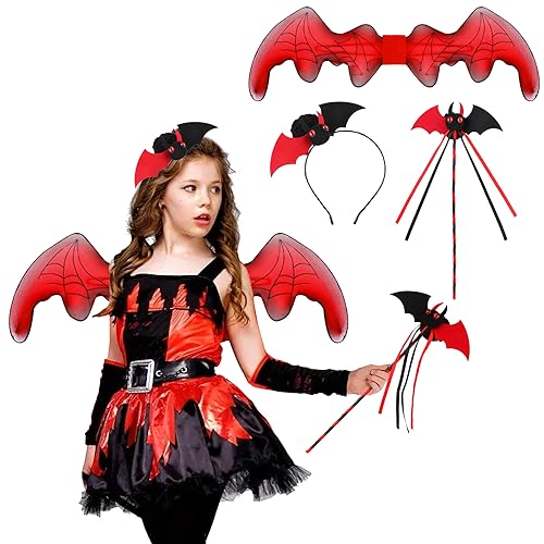 DPKOW Fledermaus Kostüm Kinder Rot Schwarzer Fledermaus Flügel Fledermaus Haareif für Halloween Kostüm Kinder Fledermaus Fasching Mottopartys Karneval Vampir Kostüm Accessoires von DPKOW