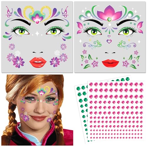 DPKOW Gesichtstattoo Eiskönigin Prinzessin Anna Kostüm Mädchen Temporäre Tattoos Karneval Kostüm Partyzubehör Motto, Glitzersteine Gesicht Prinzessin Anna Face Tattoo Schminke Karneval Frozen Anna von DPKOW