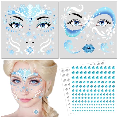 DPKOW Gesichtstattoo Eiskönigin Temporäre Tattoos EIS Prinzessin Face Tattoo Glitzersteine Gesicht Tattoo Schminke Karneval Kostüm Partyzubehör Motto Party Schneeflocke Temporäre Tattoos Frozen Blau von DPKOW