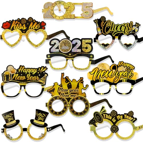 DPKOW 18 Stücke Glitzer Schwarz Gold Silvester Brille Happy New Year 2025 Partybrillen Lustige Silvester Foto Requisiten für Erwachsene Kinder Silvester Deko 2025 Silvester Party Zubehör von DPKOW