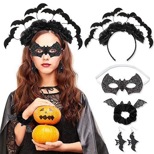 DPKOW Fledermaus Haarreif Damen Fledermaus Masken Ohrringe Scrunchies Fledermaus Haarschmuck Halloween Haarreif Erwachsene Kinder Fledermaus Kostüm Damen Halloween Kostüm Accessoires von DPKOW