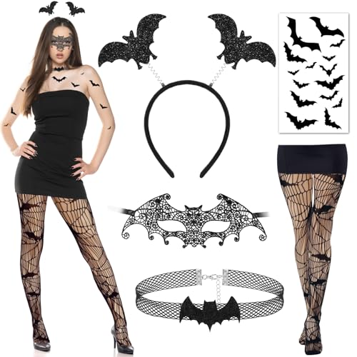 DPKOW Fledermaus Haarreif Maske Halloween Netzstrumpfhose Schwarz Fledermaus Tattoos Temporäre Halloween Halskette Fledermaus Kostüm Damen Halloween Accessoires Fledermaus Halloween Kostüm von DPKOW