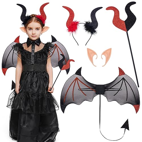 DPKOW Teufel Kostüm Kinder Halloween Teufelshörner Haarreif Schwarz Rot Teufel Flügel und Teufel Stab Elfenohren Set für Kinder Damen Halloween Kostüm Teufel Accessoire Karneval Fasching Party von DPKOW