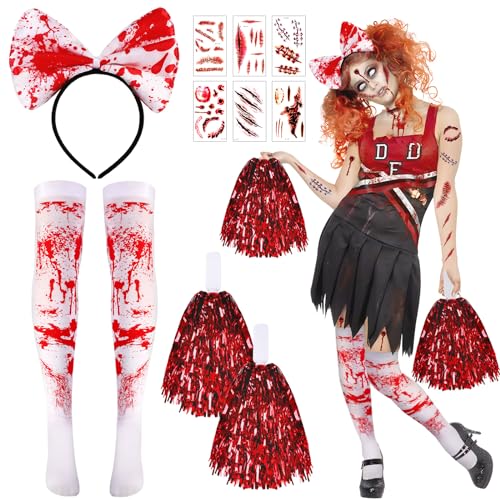 DPKOW Halloween Zombie Cheerleader Kostümzubehör für Kinder Mädchen Frau, Rotes Dead Cheerleader Pompoms Strümpfe Haarband mit Blutnarbe Temporäre Tattoos für Halloween Karneval Cosplay Zubehör von DPKOW