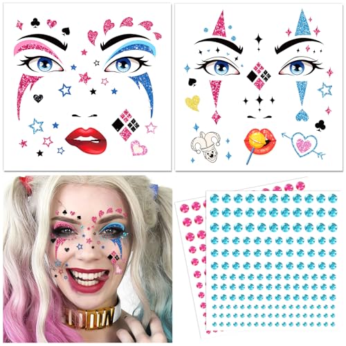 DPKOW Harley Quinn Gesichtstattoos Halloween Karneval Kostüm Zubehör Quinn Temporäre Tattoos Glitzersteine Gesicht Schminke Quinn Halloween Tattoo Motto Party Cosplay Karneval Fasching Accessoires von DPKOW