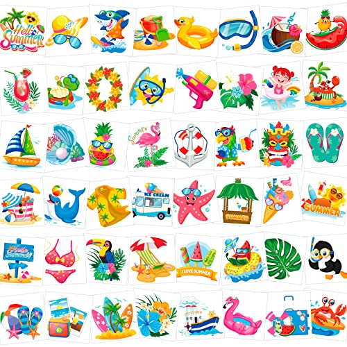 DPKOW Hawaii Sommer Temporäre Tattoos für Kinder Partygeschenke, Kindertattoos Tropischer Strandpool Temporäre Tattoo Aufkleber Flamingo TIKI Papageien für Kindergeburtstag Partytütenfüller von DPKOW