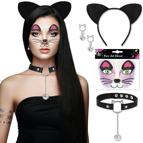 DPKOW 4 Stück Katzenkostüm Accessoires, Glitzer Karneval Gesichtstattoo Katzenohren Haarreif Ohrringe Halskette Damen Faschingskostüme Karneval Accessoires Damen Kinder Katzen Karneval Kostüm Zubehör von DPKOW