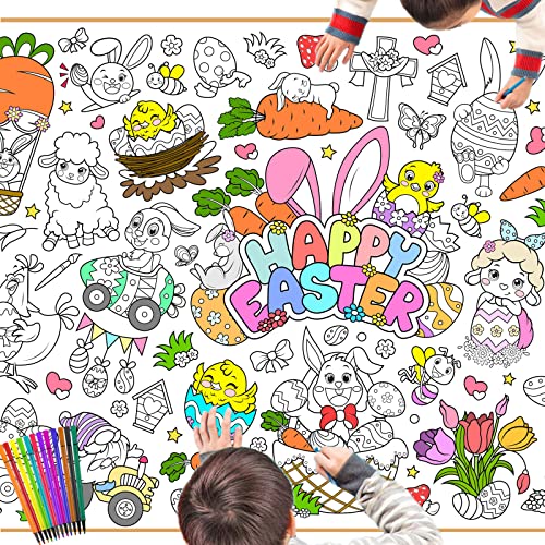 DPKOW Kids Ostern Papier Tischdecke zum Ausmalen mit Stiften, 47 x 33 Zoll Bemalbare Poster Tischdecke für Kinder Ostern Basteln Malen Graffiti, Osterei Hase Kaninchen Küken Karotten Lamm Blume von DPKOW