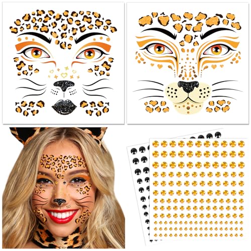 DPKOW Leopard Gesichtstattoos Karneval Kostüm Damen Leoparden Tattoo Gesicht Halloween Leopard Temporäre Tattoos Glitzersteine Gesicht Schminke Leoparden Cosplay Faschingskostüme Karneval Accessoires von DPKOW