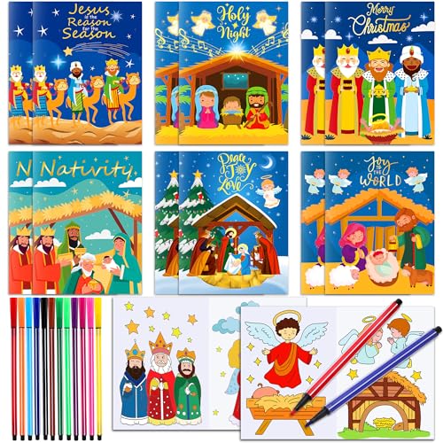 DPKOW Malbücher Weihnachtskrippe, 12-teiliges DIY Kunst Malbuch Religiösen Weihnachten Mitgebsel Kinder, Ausmalbücher Weihnachtskrippe Gastgeschenke Weihnachten Weihnachtsstrumpffüller, mit 18 Stiften von DPKOW