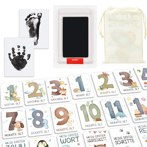 DPKOW Meilensteinkarten Baby Abdruck Set, Tiere Geburt Karte Baby Handabdruck und Fußabdruck Set für Junge und Mädchen Geburt, Taufe oder Babyparty Familie Geschenk Meilenstein, Deutsch Geschenkidee von DPKOW