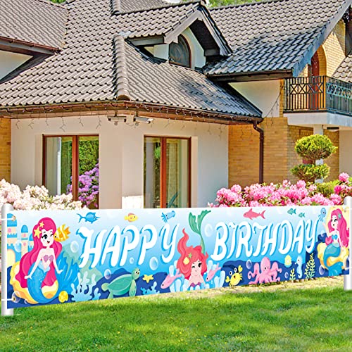 DPKOW Alles Gute zum Geburtstag Banner für Mädchen Meerjungfrau Geburtstagsfeier Deko, Langer Stoff Meerjungfrau Banner Geburtstagsfeier Foto Requisiten für Garten Wand Hintergrund Deko, 8,5 * 1,3 Fuß von DPKOW