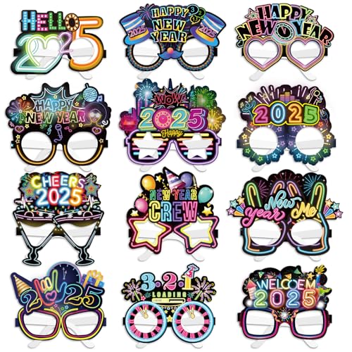 DPKOW Neon 2025 Silvester Brillen, 24 Stk Papier Brillen Happy New Year Partybrillen Neujahr Brillen für Silvester Accessoires 2025 Neon Silvester Party Zubehör Gadget Silvester Foto Requisiten von DPKOW