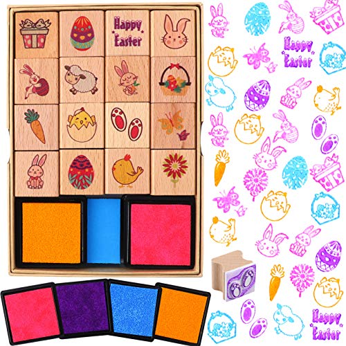 DPKOW Ostern Stempel für Kinder Basteln Geschenk, Hölzern Stempel mit Stempelkissen für Kinder Ostern DIY Karte Scrapbooking Beschäftigung Kinder Ostern Spiel Aktivitäten Ostern Drucken Gadget von DPKOW